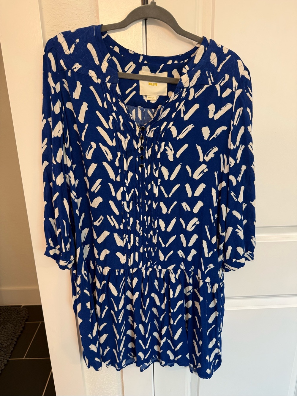 Maeve Blue and White Printed Long-Sleeve Tunic Dress